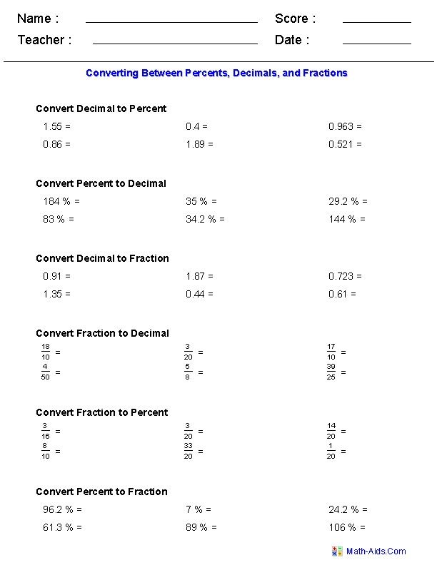 Fractions To Decimals Worksheet With Answers