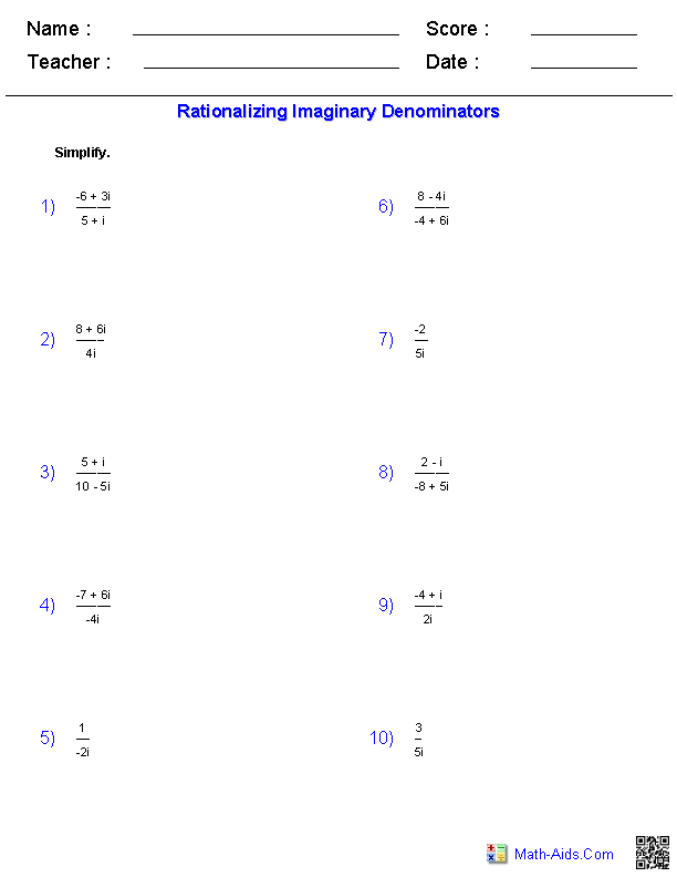 Rationalizing The Denominator Worksheet Algebra 2