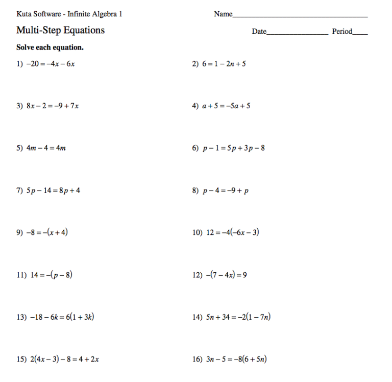 Solving Multi Step Equations Worksheet Answers