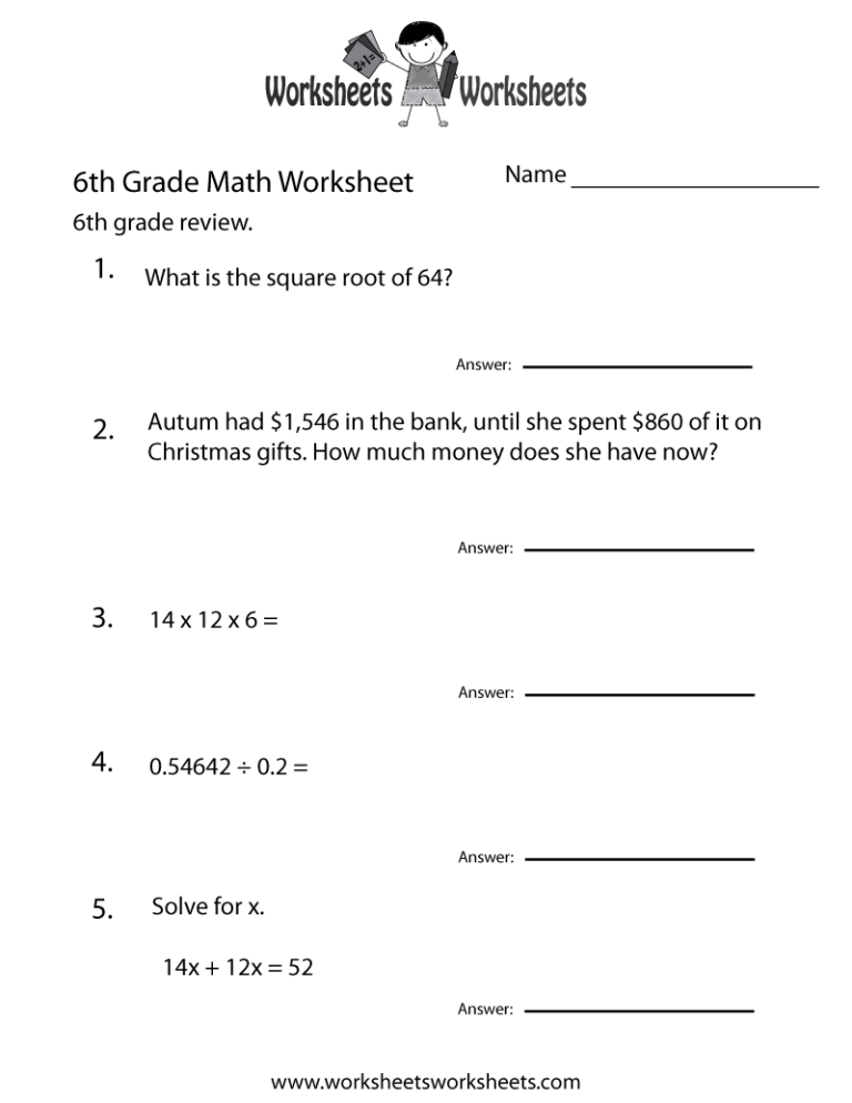 Math Practice Worksheets For 6th Grade