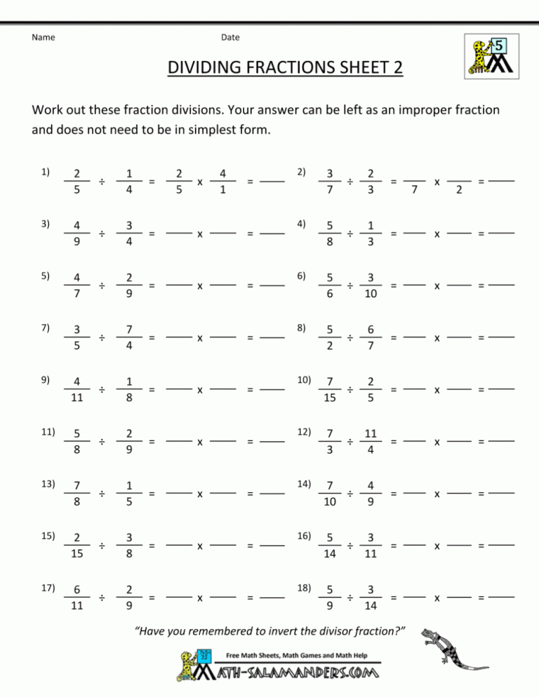 Dividing Fractions Worksheet 6th Grade