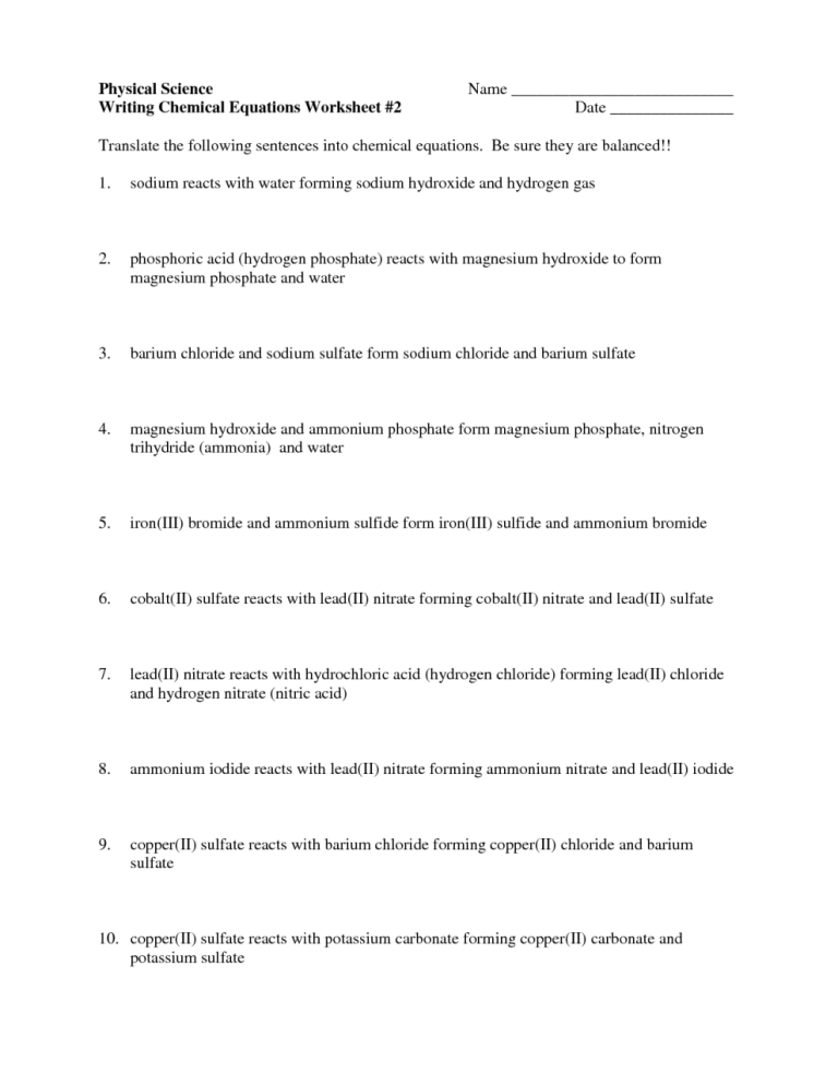 Balancing Equations Worksheet Part 2