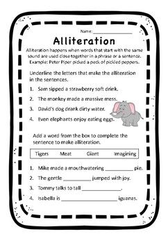 Alliteration Worksheets 7th Grade