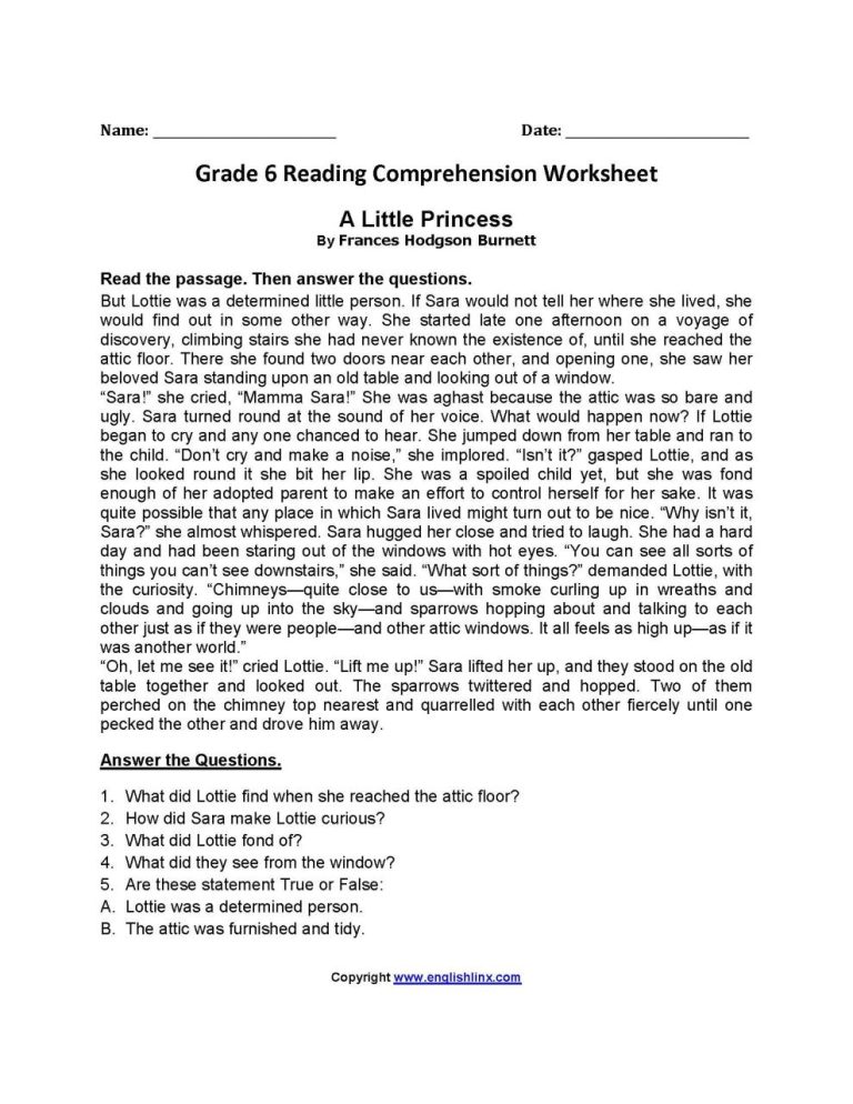 Grade 6 6th Grade Reading Comprehension Worksheets