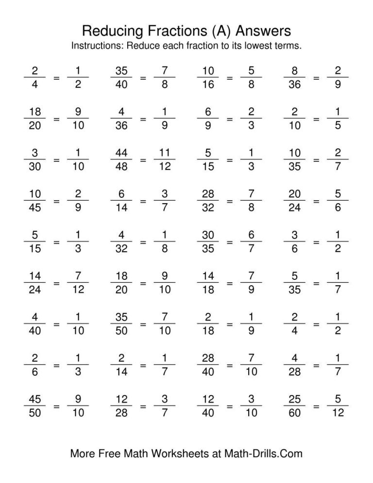 Reducing Fractions Worksheet Answers