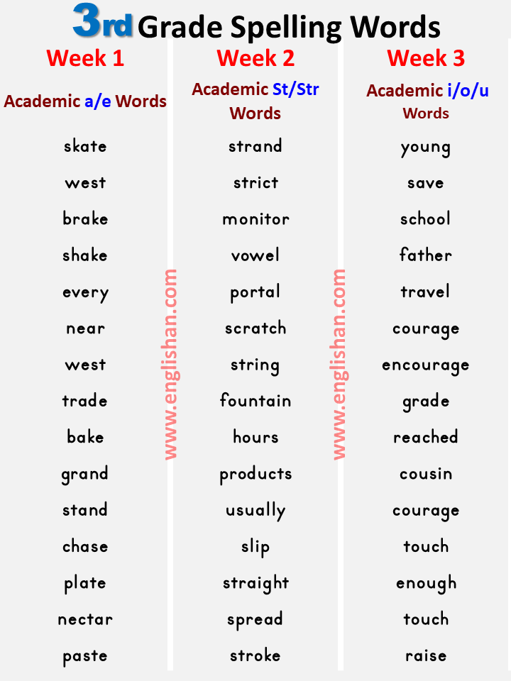 3rd Grade Grade 3 Spelling Words Printable