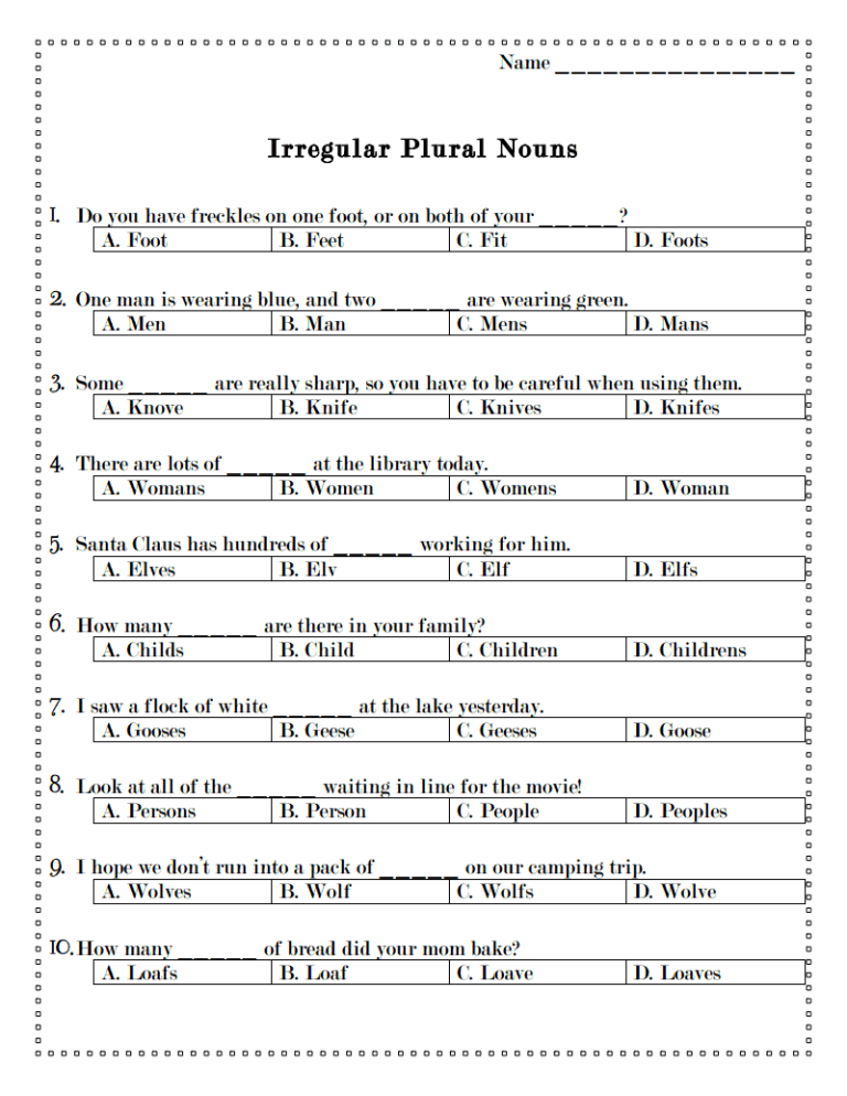 Irregular Plural Nouns Worksheet With Answers