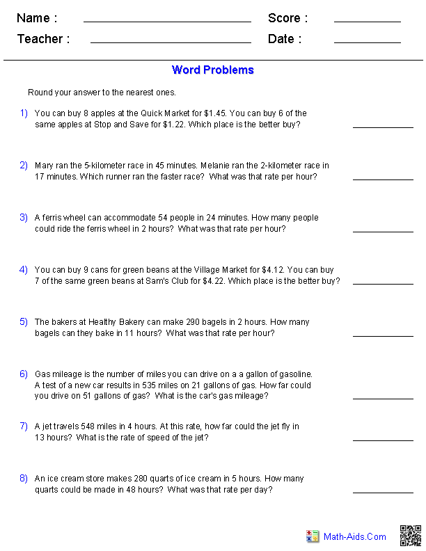 Unit Rate Worksheet Grade 7