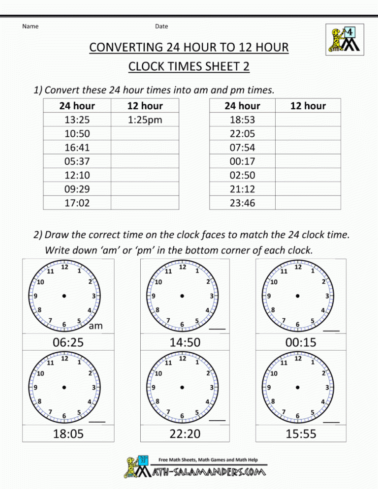 Time 24 Hour Clock Worksheets