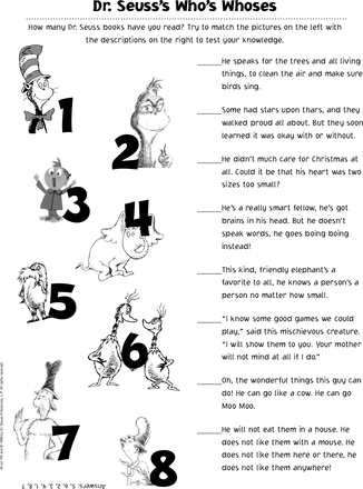 Dr Seuss Reading Comprehension Worksheets