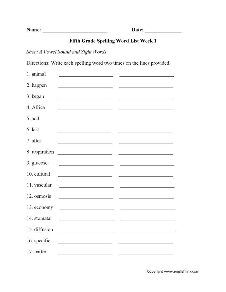 Spelling Practice Worksheets 4th Grade