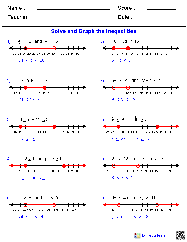 Answer Key Algebra 1 Worksheets With Answers