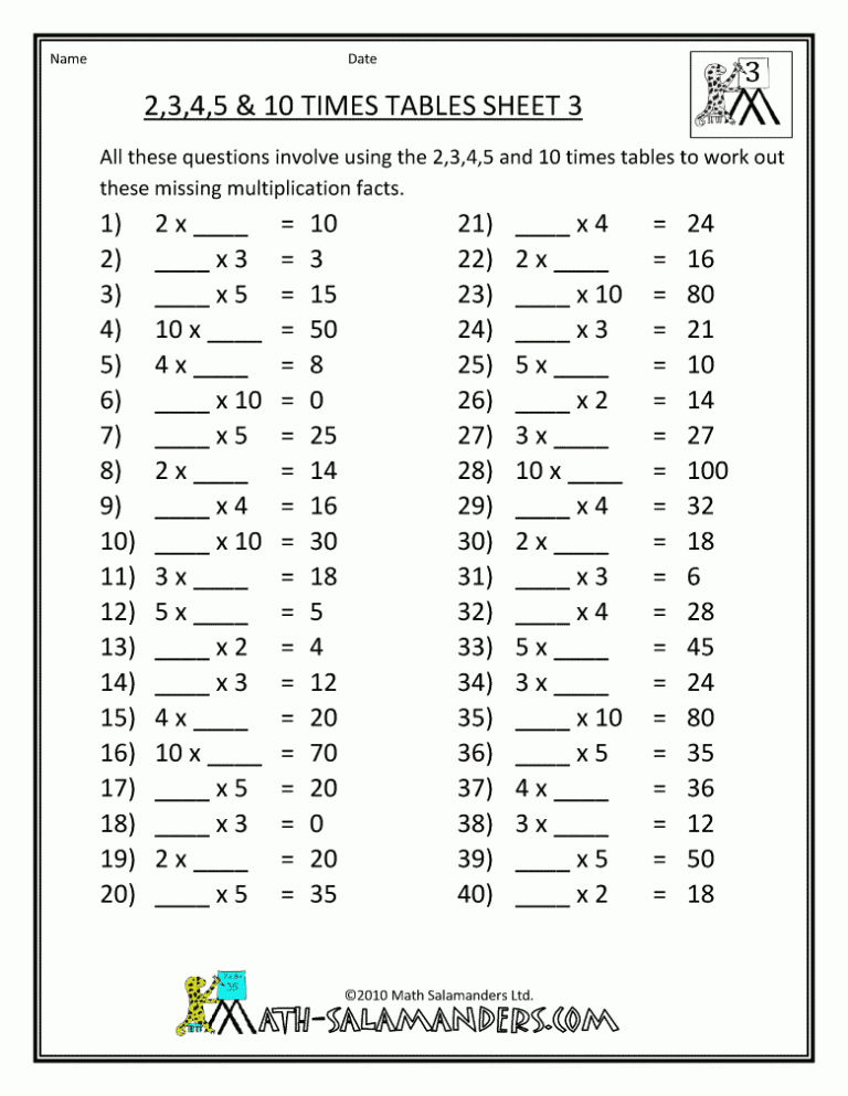 Printable 4th Grade Multiplication Table Worksheet