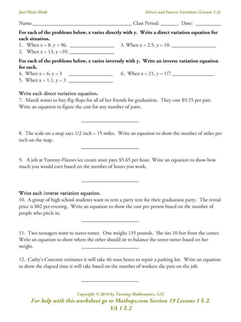 Grade 9 Direct Variation Worksheet