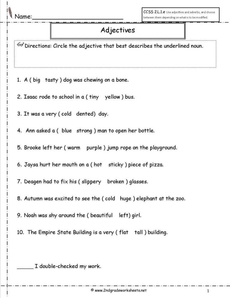 Grade 5 English Worksheets Adjectives