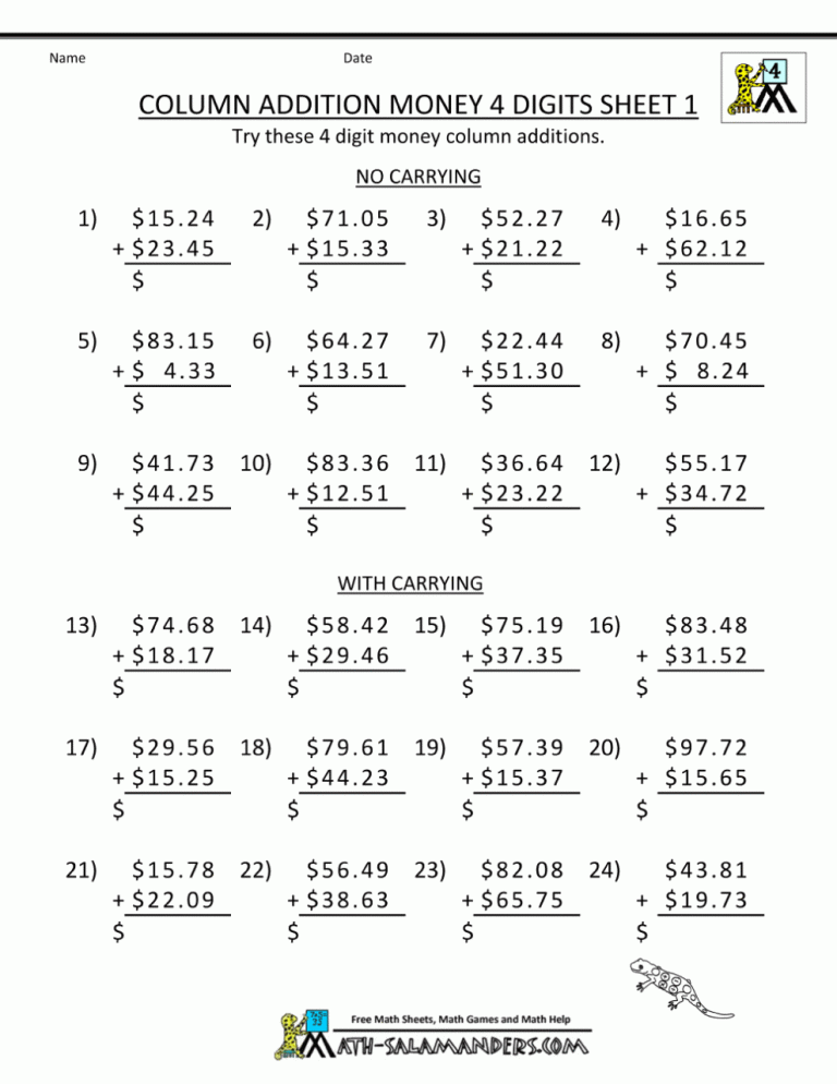 4th Grade Money Worksheets Grade 4