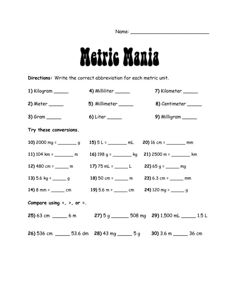 Metric Conversion Worksheet Answer Key Science