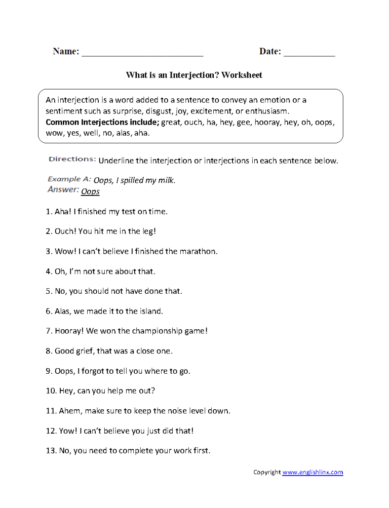 Interjections Worksheet Pdf