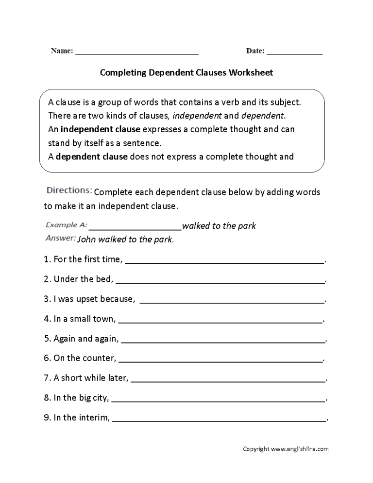 Independent And Dependent Clauses Worksheet Pdf