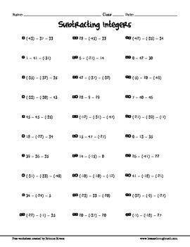 Subtracting Integers Worksheets With Answers