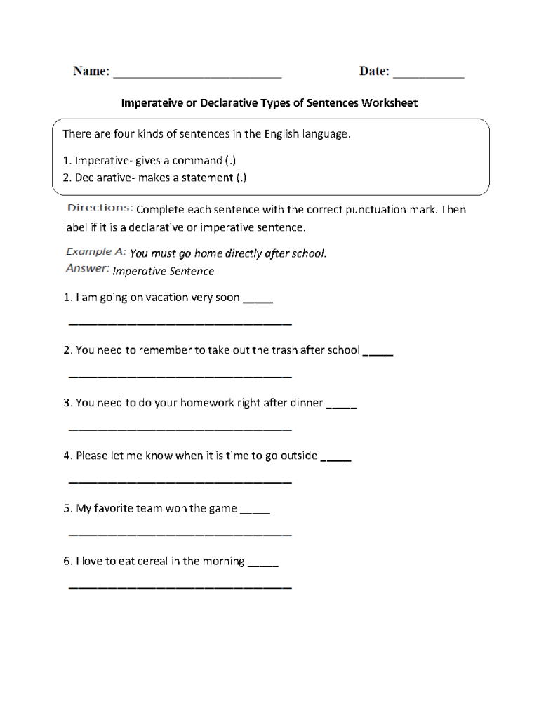 Types Of Sentences Worksheets Pdf Grade 6