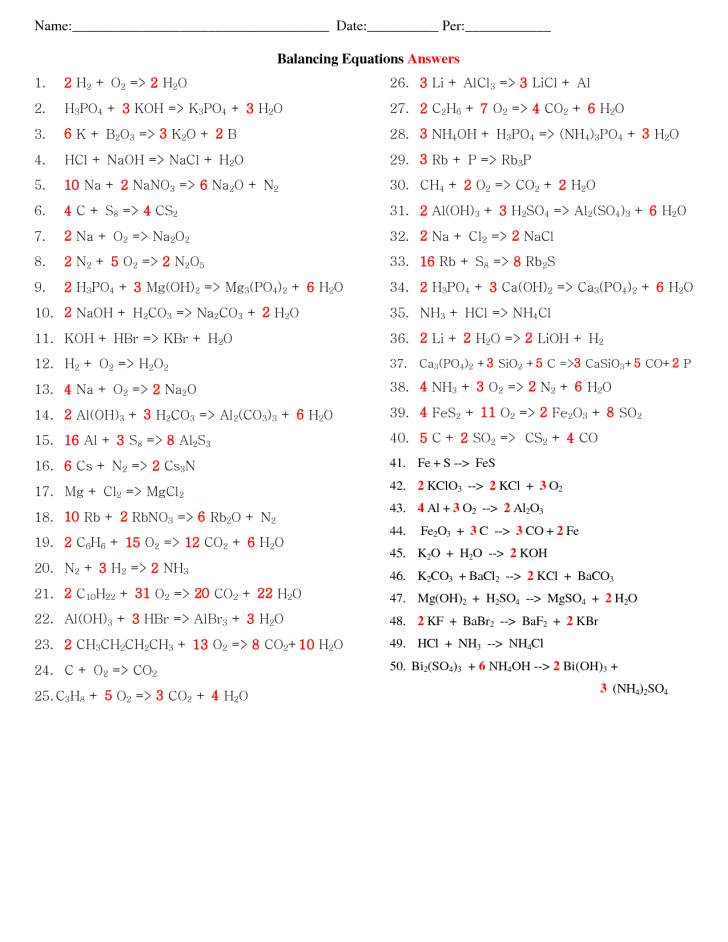 Answer Key Balancing Chemical Equations Practice Worksheet