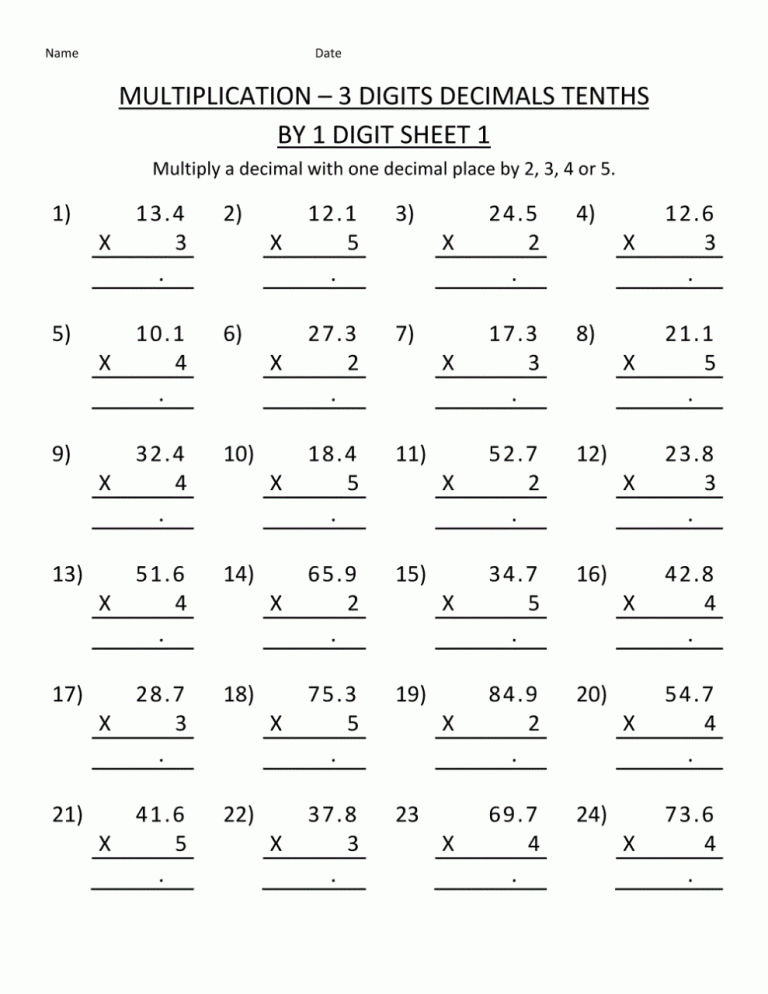 Multiplying Decimals Worksheets 5th Grade Pdf