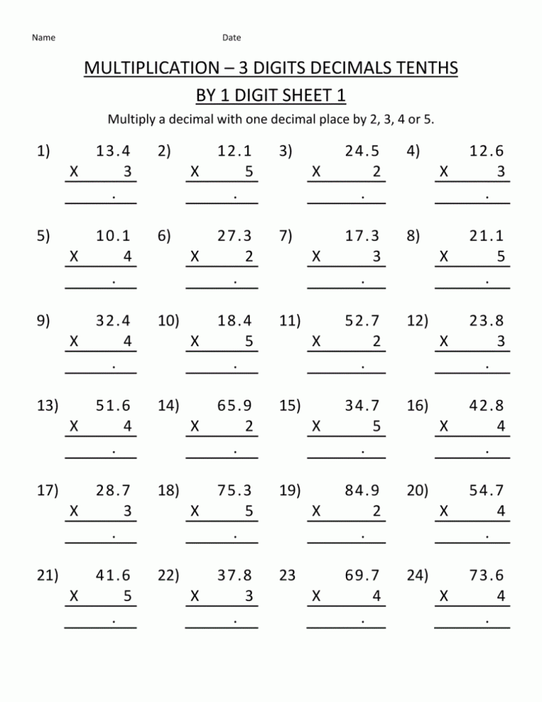 5th Grade Math Multiplying Decimals Worksheets