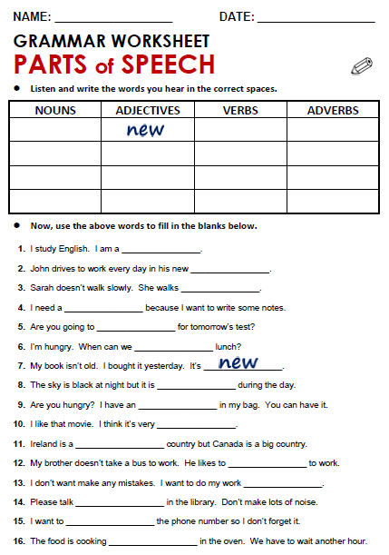 Part Of Speech Worksheet Pdf