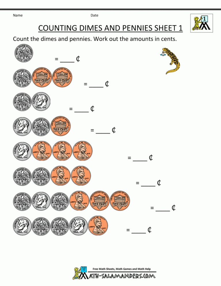 Counting Coins Worksheets First Grade