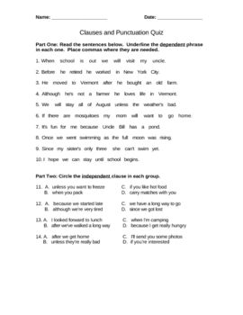 Independent And Dependent Clauses Worksheets