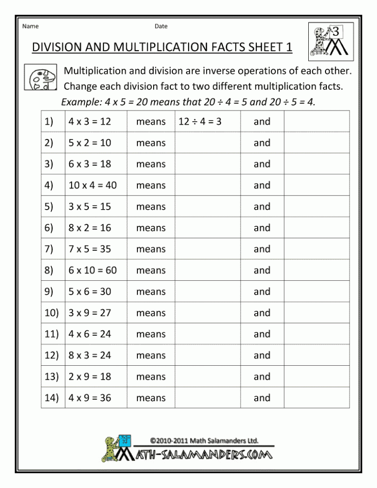 Multiplication And Division Fact Families Worksheets 3rd Grade