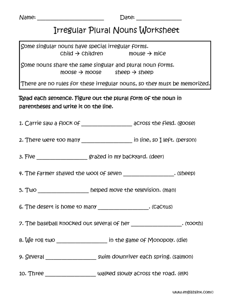 Irregular Plural Nouns Worksheet Free