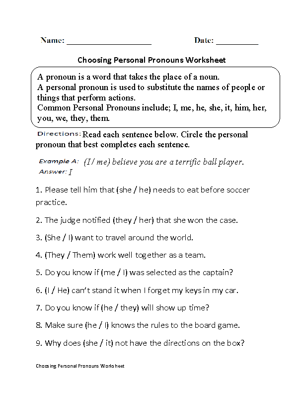 Free Pronoun Worksheets For Grade 3