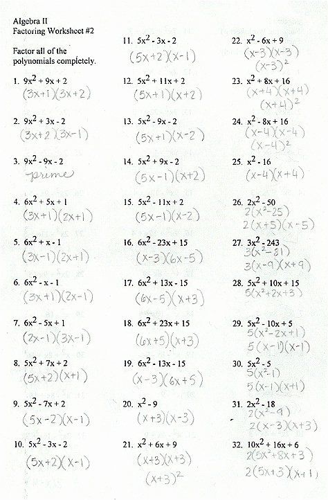 Factoring Trinomials Worksheet Algebra 2