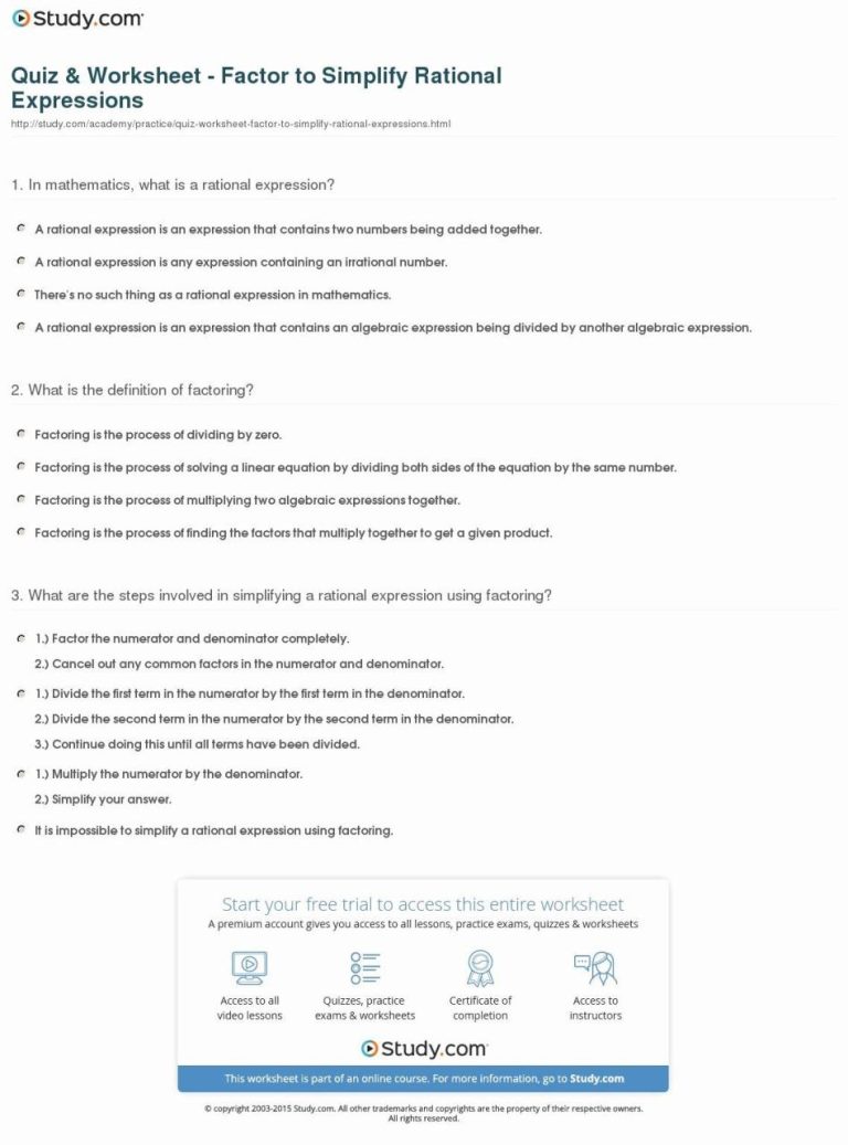 Quiz Simplifying Rational Expressions Worksheet