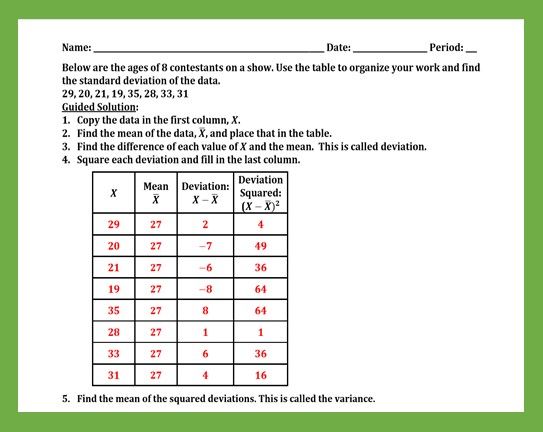 Algebra 1 Standard Deviation Worksheet