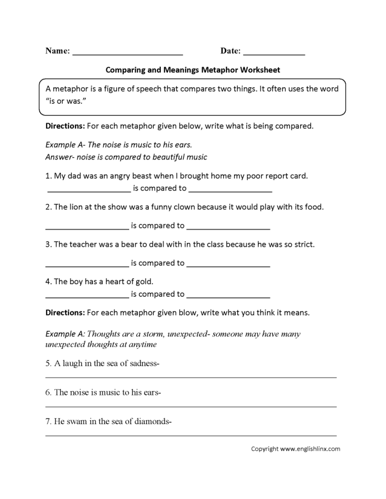 Simile And Metaphor Worksheet Free