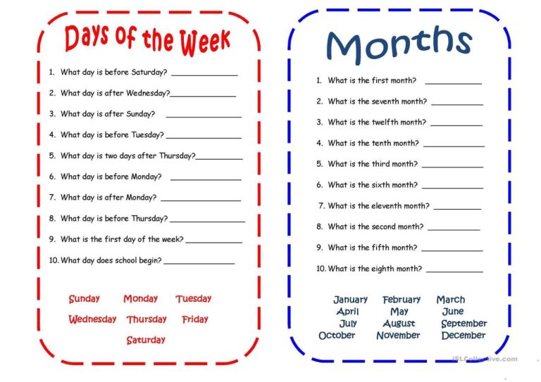 Printable Spanish Days Of The Week Worksheet Pdf