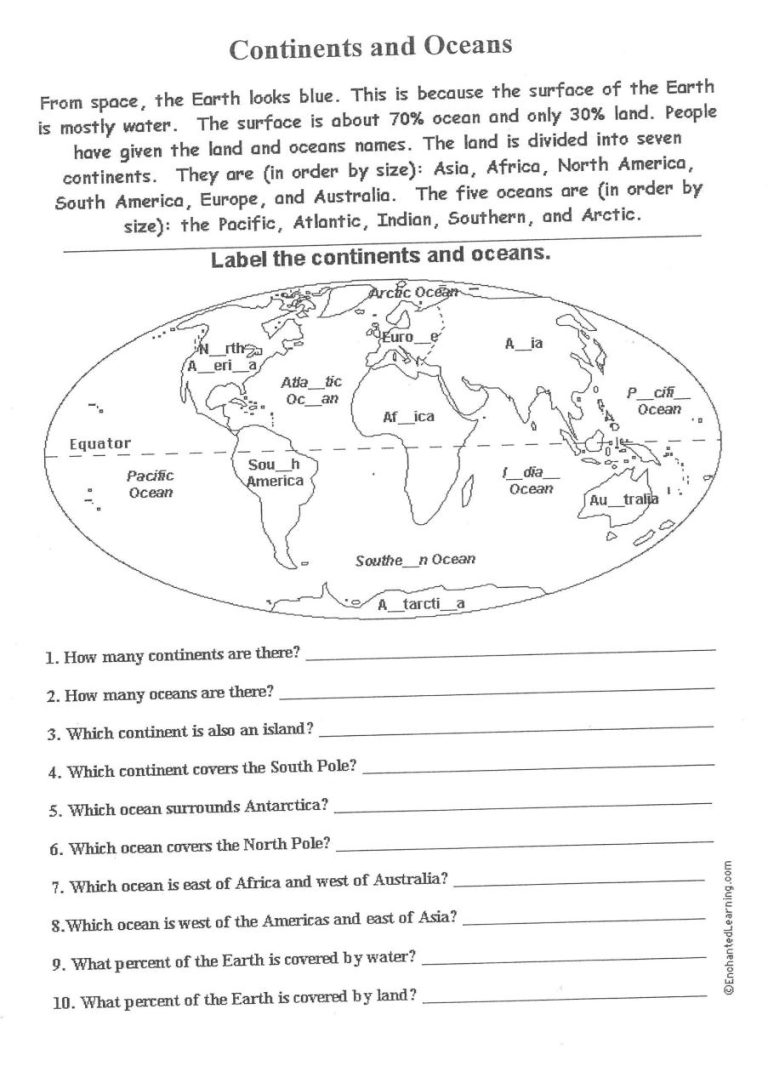 Sixth Grade Free Printable Worksheets On Continents And Oceans