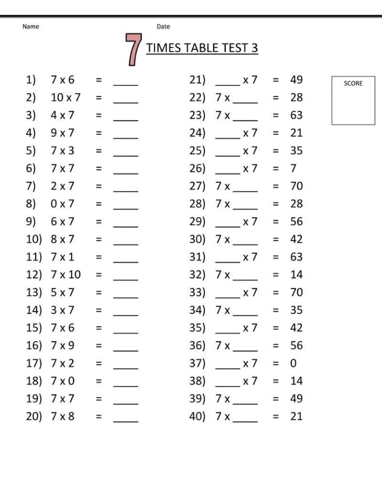 7 Times Table Worksheet Printable