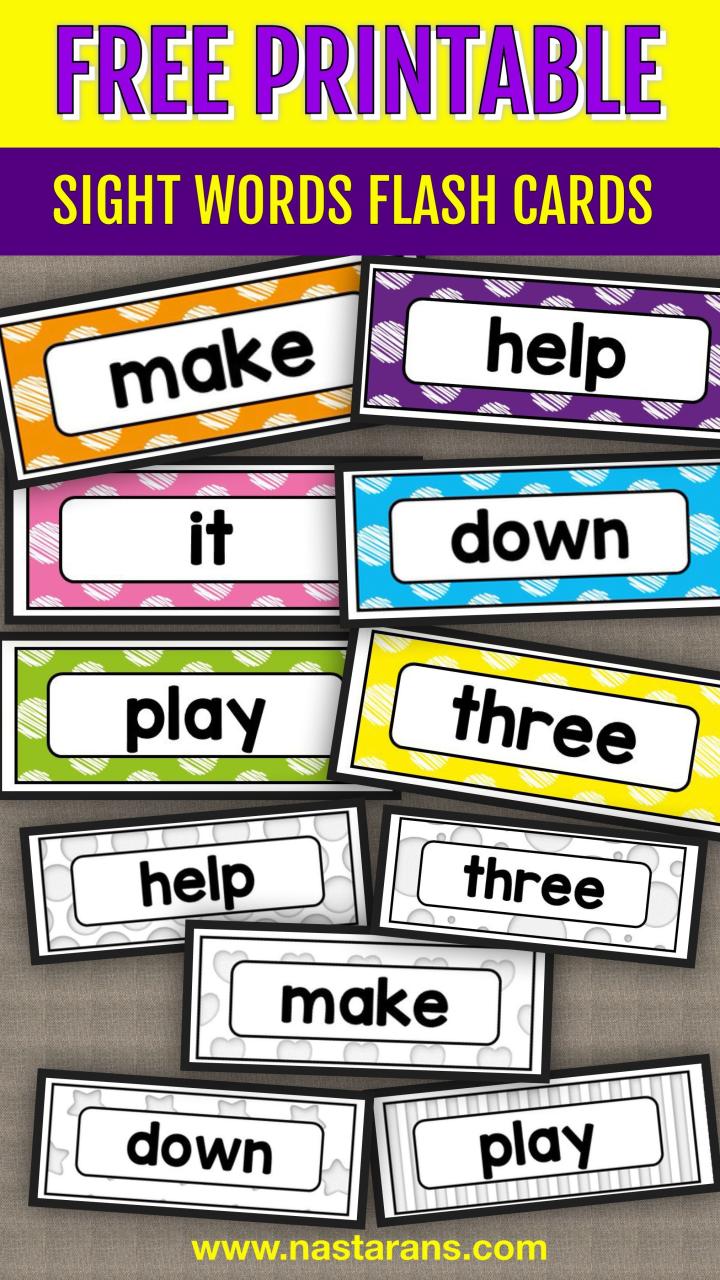 Kindergarten Sight Words Flash Cards Printable With Pictures