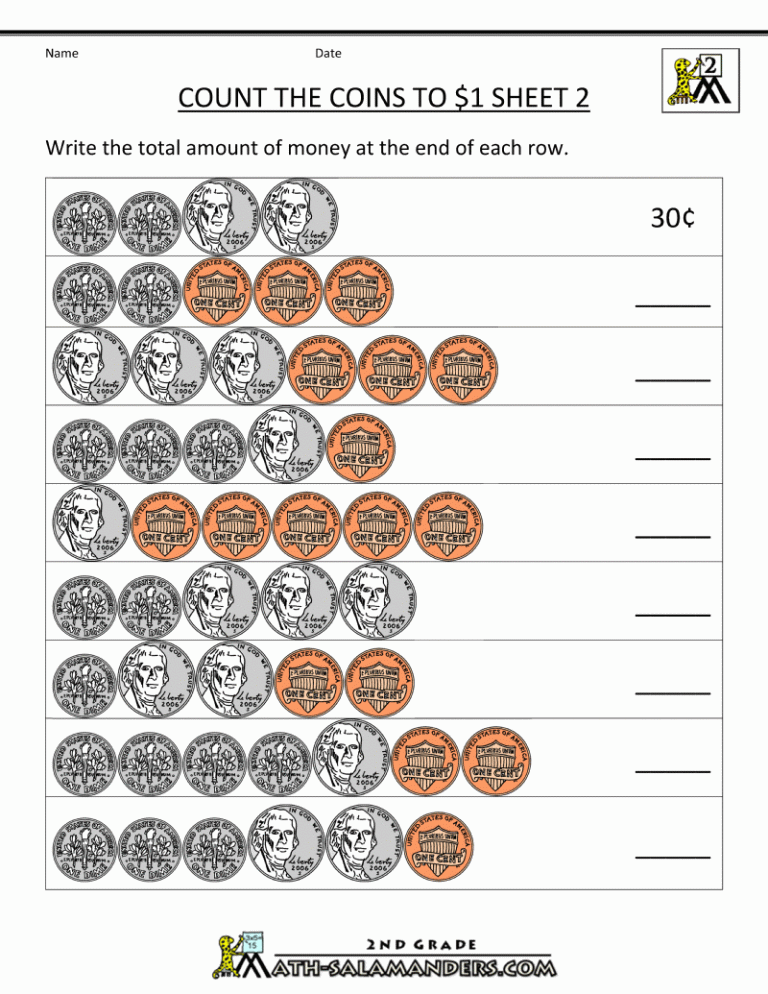 Counting Coins Worksheets 2nd Grade