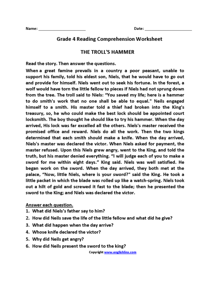 Year 6 Comprehension Worksheets Pdf