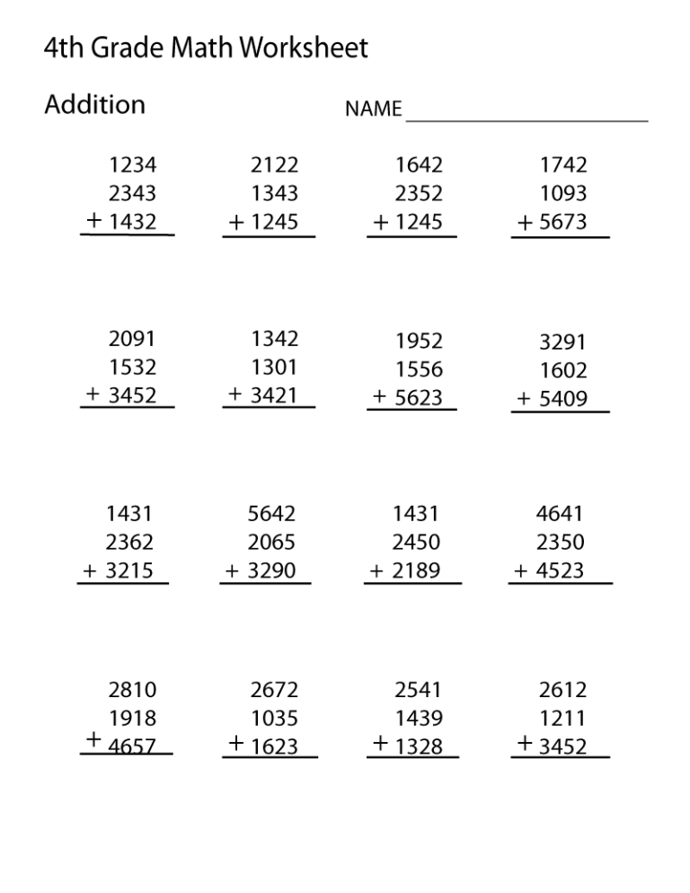 Addition Problems 4th Grade