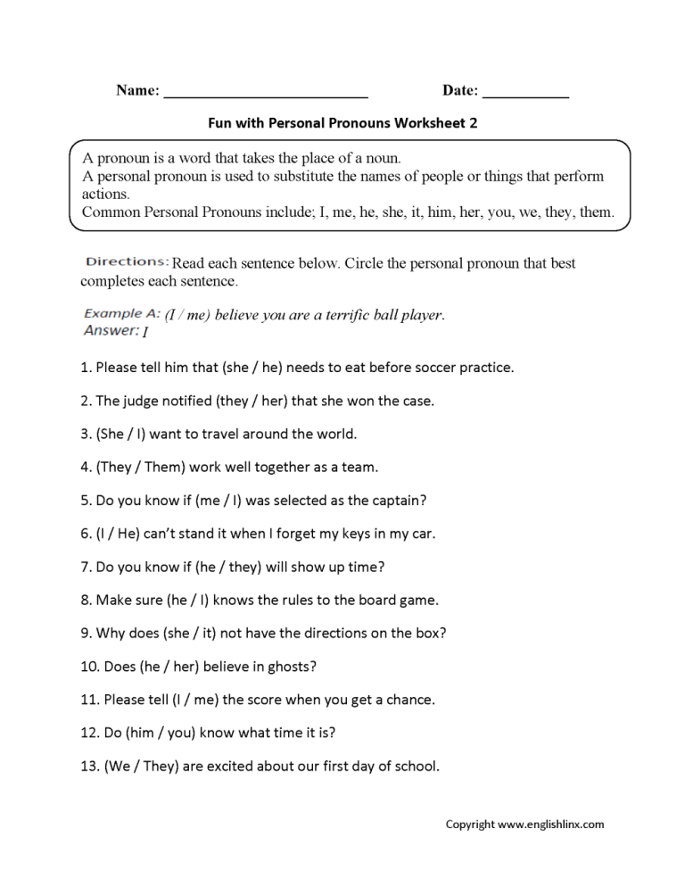 4th Grade Personal Pronouns Worksheet For Class 4