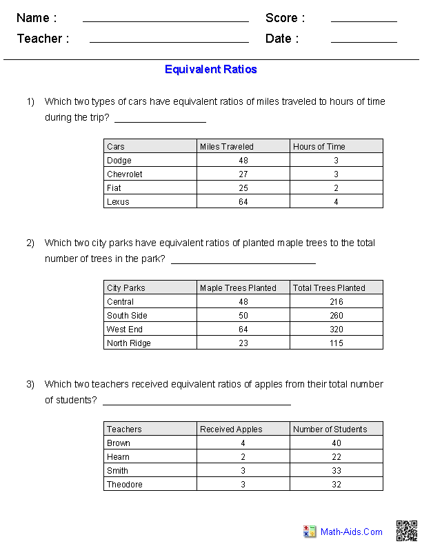 7th Grade Ratio Worksheets With Answers