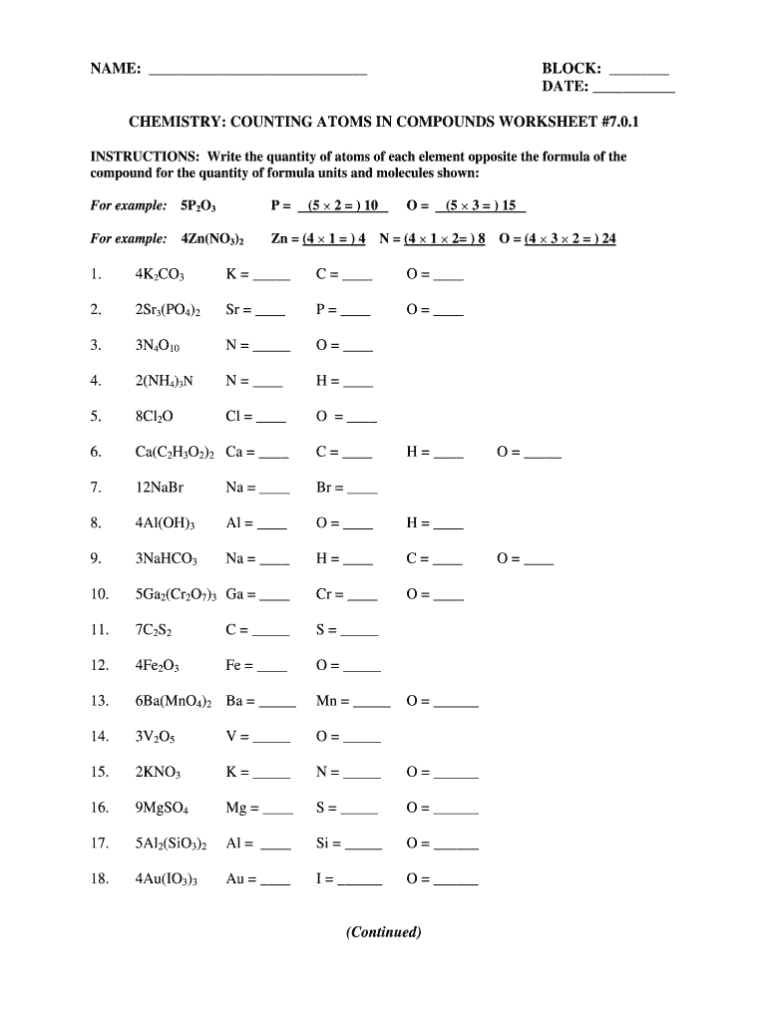 Counting Atoms Worksheet 1 Answers Key