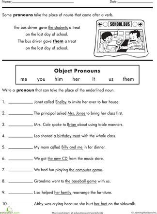 Subject And Object Pronouns Worksheet Grade 7