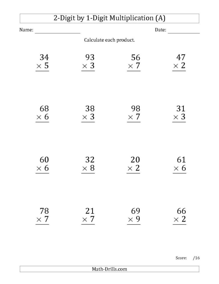 Math Drills 2 Digit By 2 Digit Multiplication With Grid